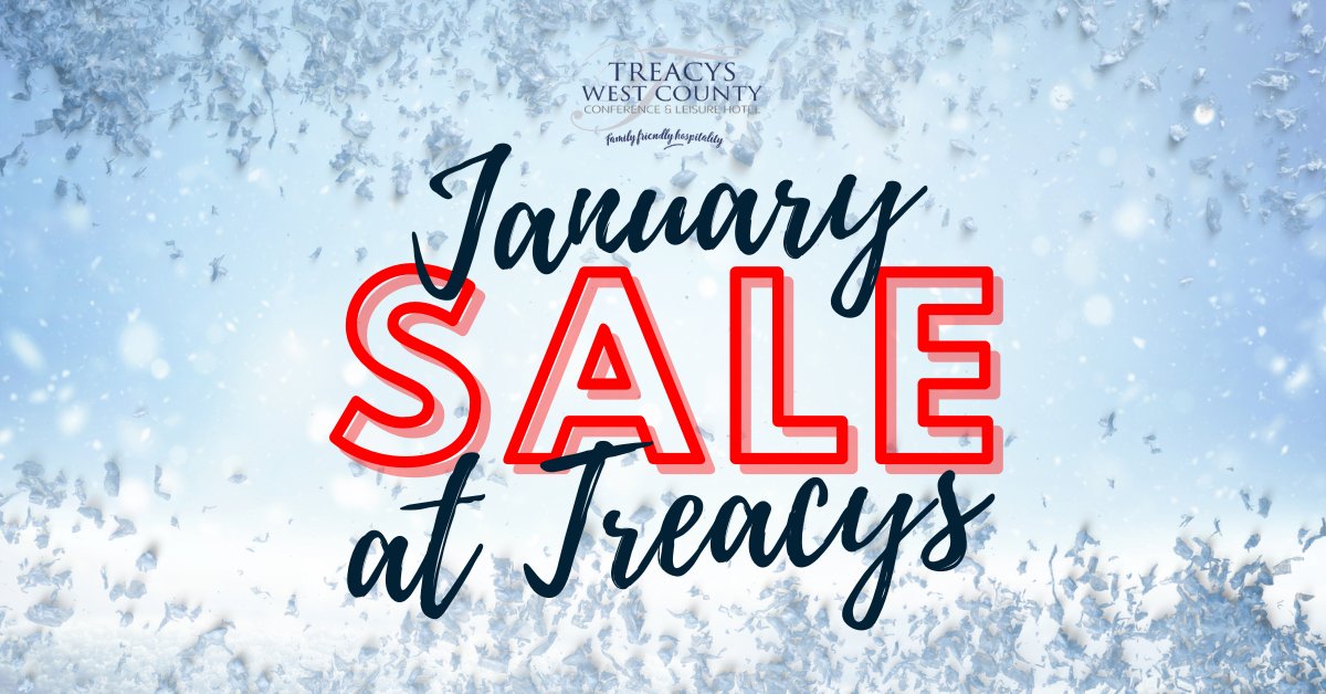 January Sale at Treacys against a snowy backdrop, inviting winter stays at a cosy hotel, perfect for family holidays.