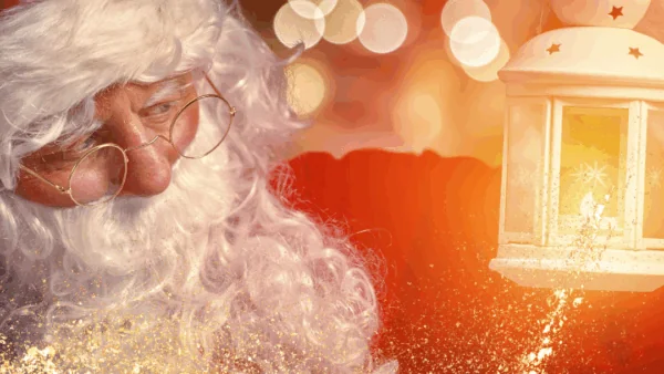 Santa Claus holding a lantern with glowing light, surrounded by festive bokeh and sparkling golden effects—like discovering the best hotel deals for your magical holiday getaway.