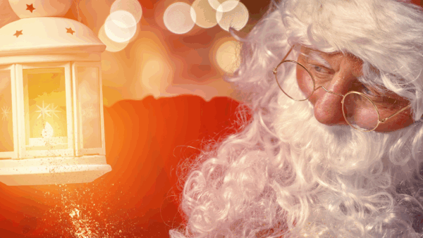 Santa Claus holding a white lantern, wearing glasses, red suit, and hat, with a glittering golden light effect in the foreground and blurred festive lights in the background&mdash;just like discovering the best hotel deals for your magical holiday escape.