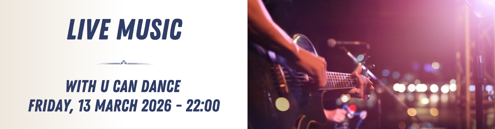 Close-up of a musician playing electric guitar on stage at night, capturing the energy of live music. Join us for an unforgettable performance with U Can Dance on 13 March 2026 at 22:00.