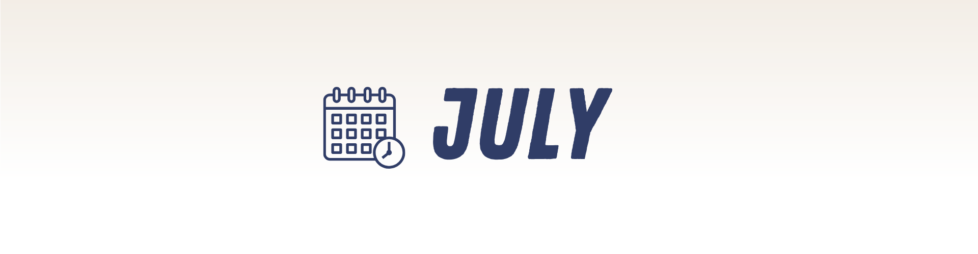 An icon of a calendar with a clock beside bold text that reads "JULY" on a white background with a light gradient at the top, hinting at live music events this month.