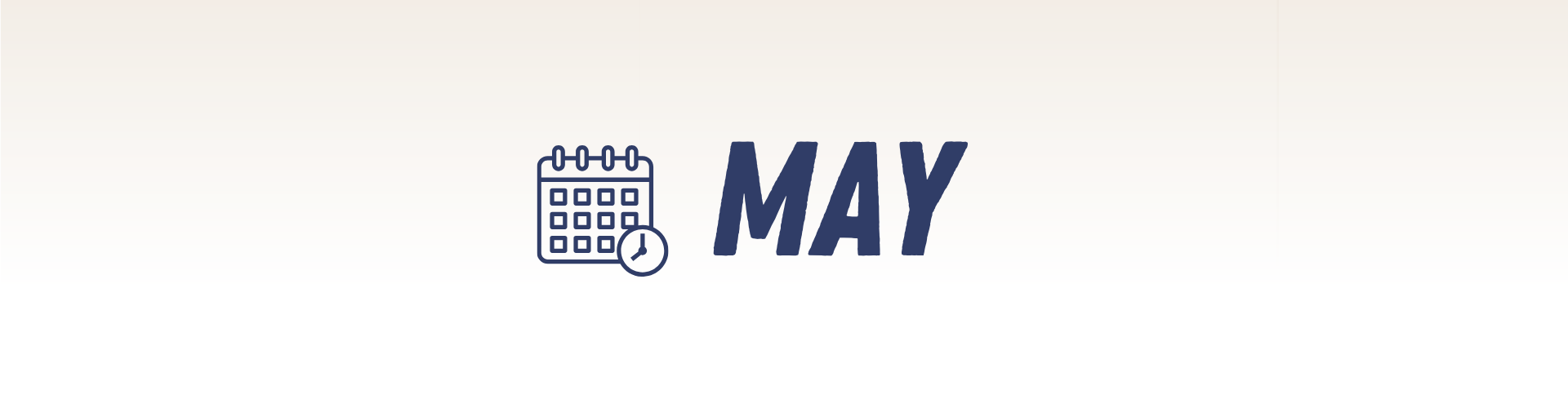 A calendar icon with a clock and the word "May" in bold, dark blue text on a light background—perfect for planning live music events.