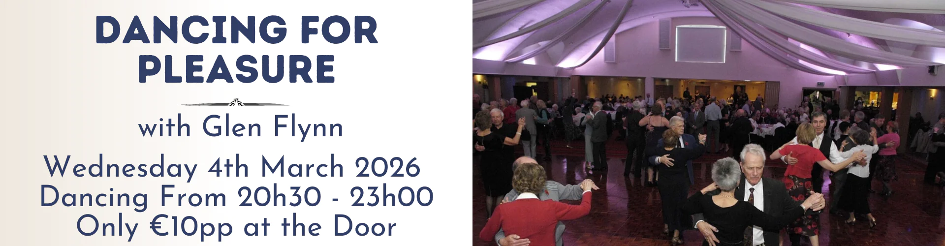 Promotional banner for a dance event with Glen Flynn on 4 March 2026, featuring social dancing in a beautifully decorated hall. See event details and entry fee listed.