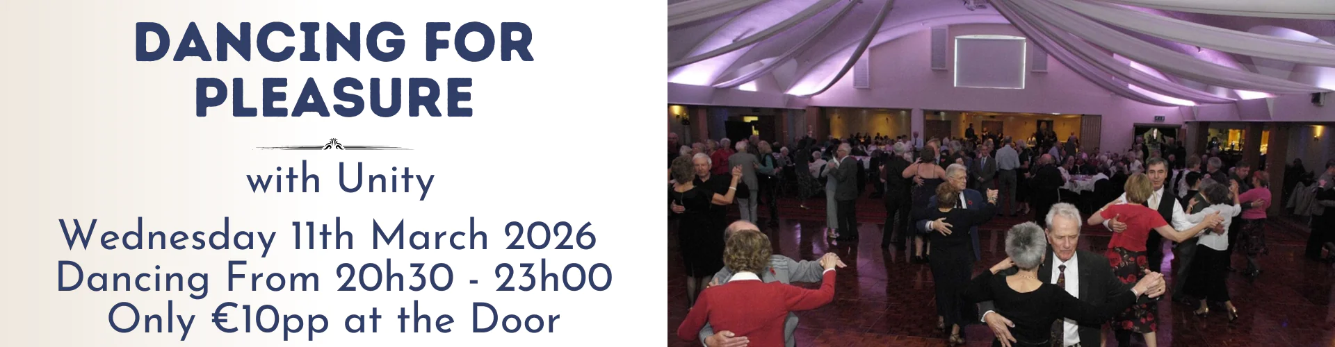 People in formal attire enjoy social dancing in a large, well-lit hall with a draped ceiling. Event details for "Dancing for Pleasure" are displayed on the left side of the image.