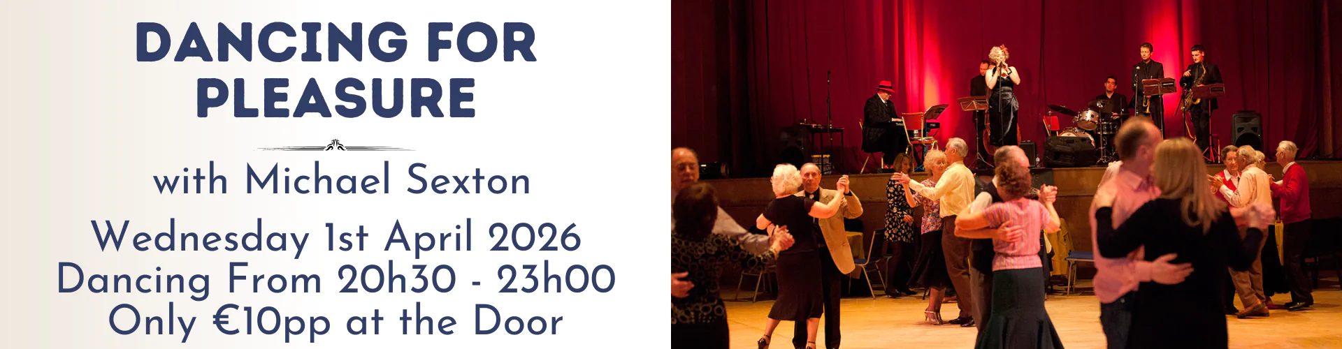 A promotional banner for a dance event with Michael Sexton, featuring event details on the left and lively social dancing couples in a ballroom with a live band on stage on the right.