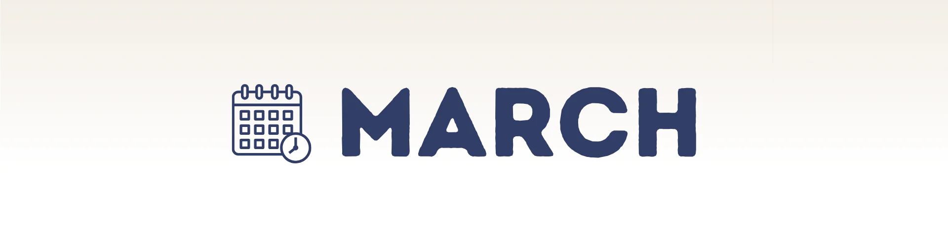 A navy blue calendar and clock icon next to the word "MARCH" in bold uppercase letters on a light gradient background, evoking anticipation for upcoming social dancing events.