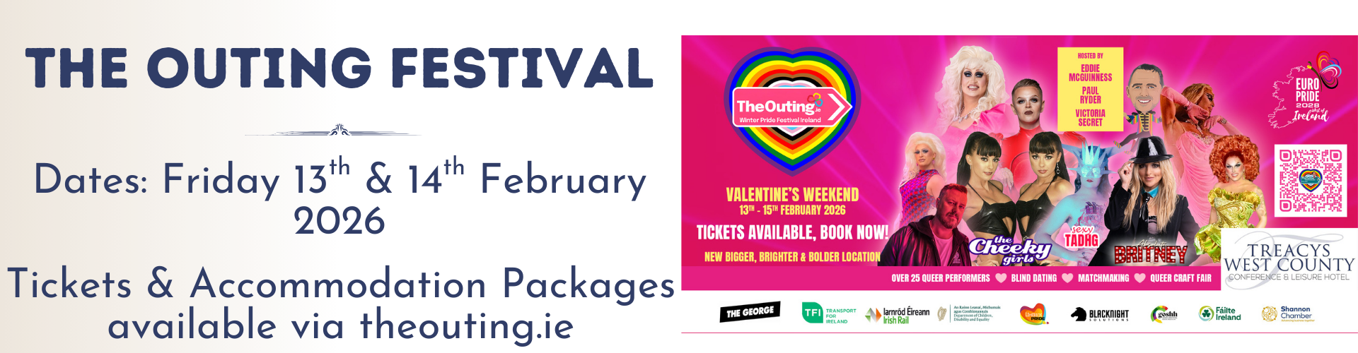 Banner for The Outing Festival on February 13-14, 2026, highlighting Upcoming Events, event details, performers, and sponsor logos&mdash;with booking information at theouting.ie.