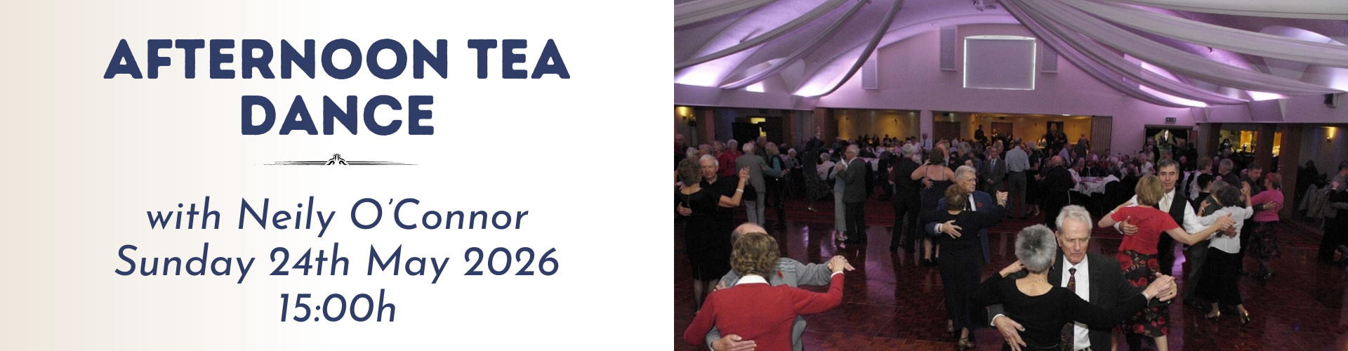 Elegant event room hosts lively afternoon tea dance with couples enjoying music under ambient lighting.