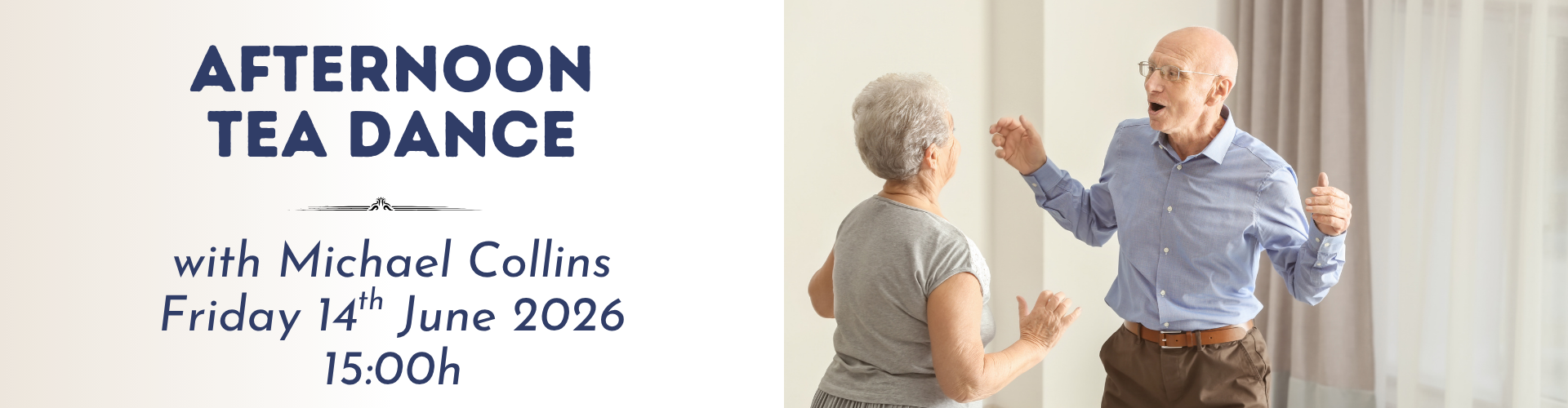 Elderly couple joyfully dancing in bright hotel room at afternoon tea dance event, exuding warmth and happiness.