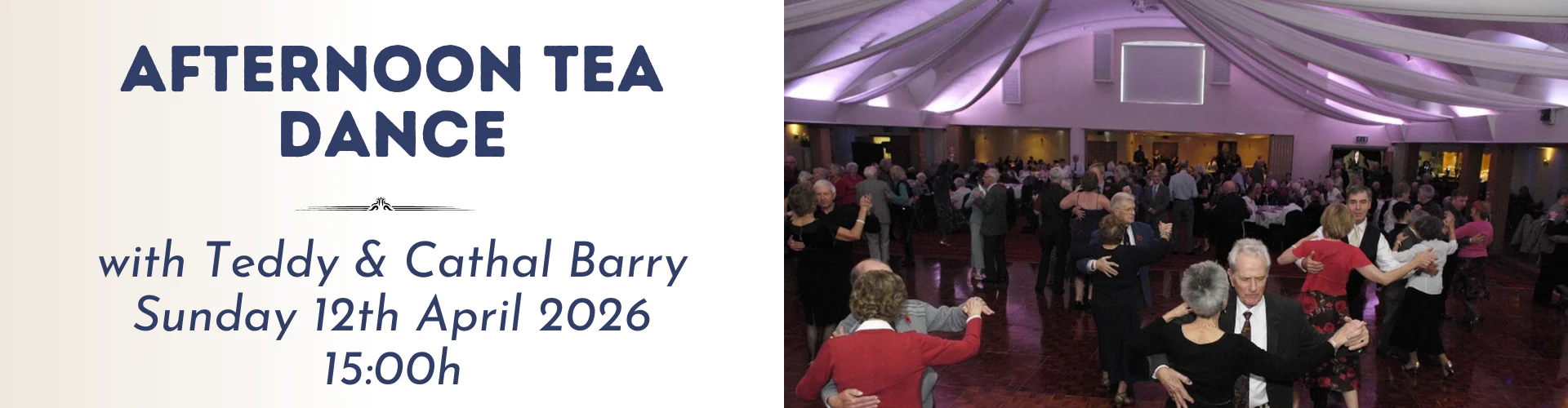 Guests enjoying a lively afternoon tea dance in an elegantly lit ballroom with soft drapery, perfect for a social event.