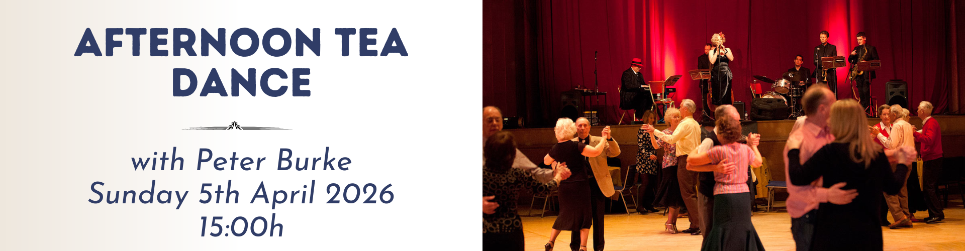 Guests enjoy a delightful afternoon tea dance with live music and dancing under warm lights, creating a lively atmosphere.