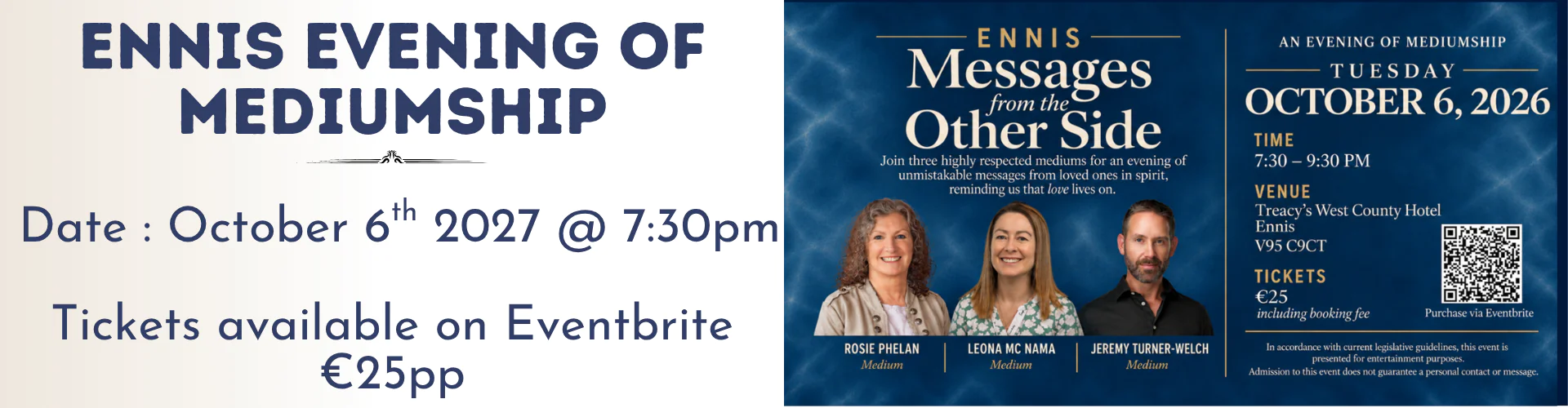 Ennis Evening of Mediumship event details with mediums at Treacy's West County Hotel, offering a spiritual experience.